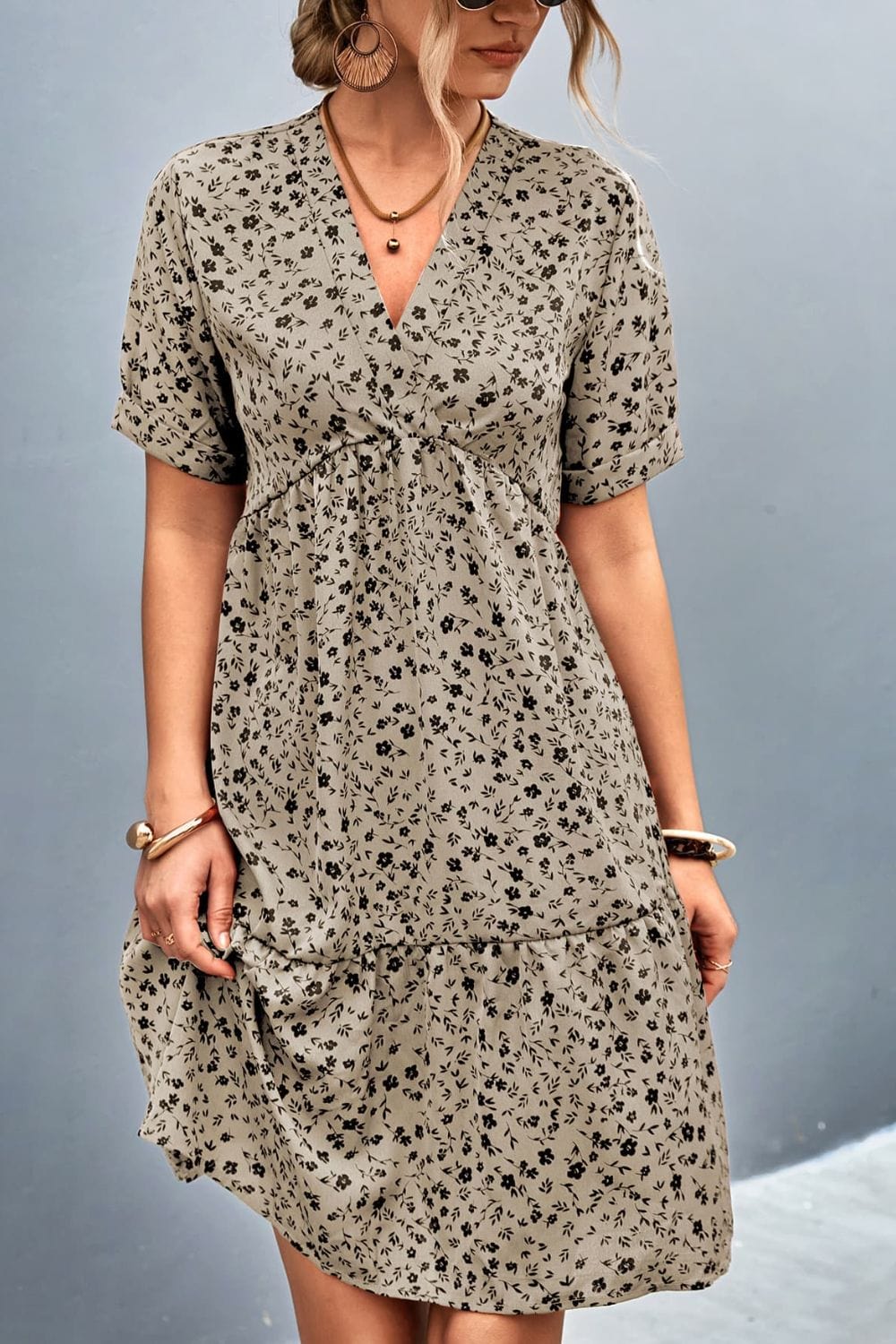 Dark Gray Ditsy Floral Empire Waist Plunge Short Sleeve Dress