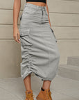 Rosy Brown Drawstring Ruched Slit Denim Midi Skirt