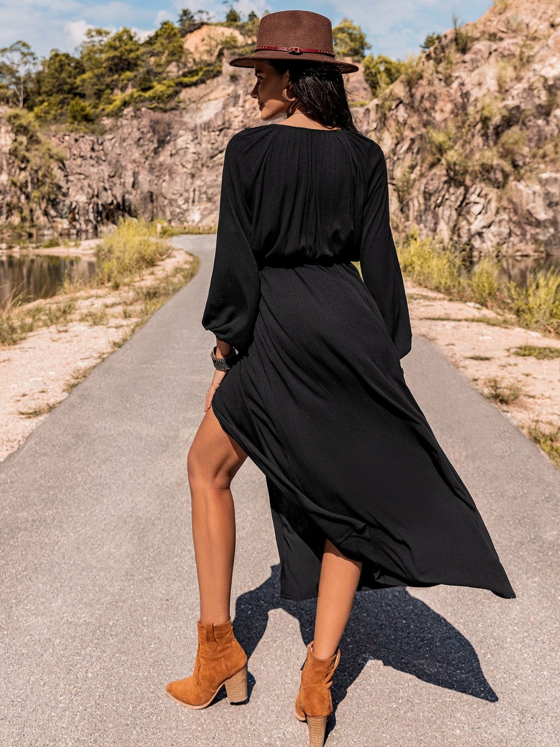 Tan Long Sleeve Round Neck Dress