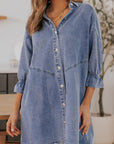 Slate Gray Collared Neck Flounce Sleeve Denim Mini Dress