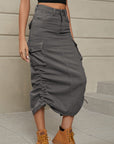 Rosy Brown Drawstring Ruched Slit Denim Midi Skirt