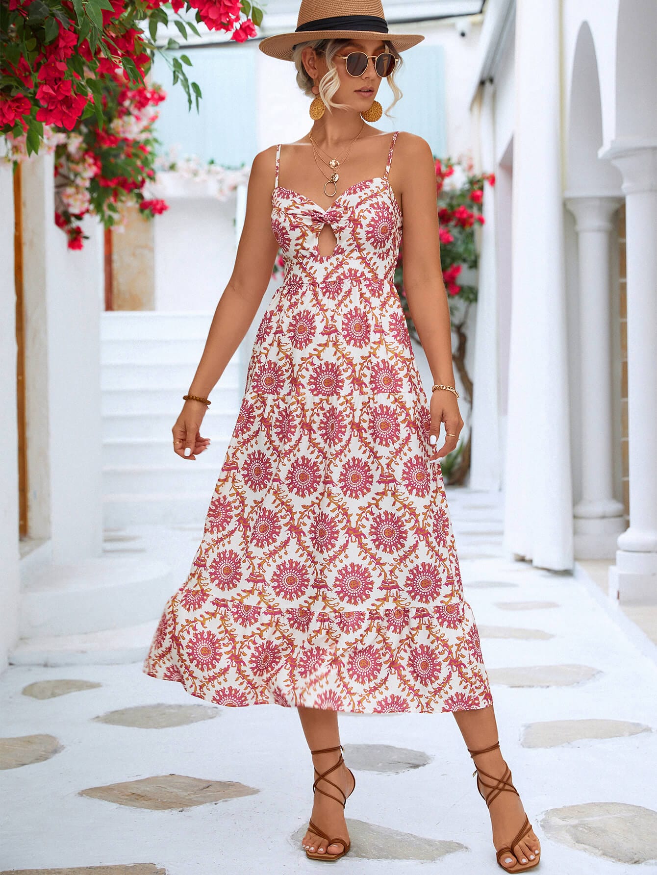 Light Gray Printed Cutout Spaghetti  Midi Dress