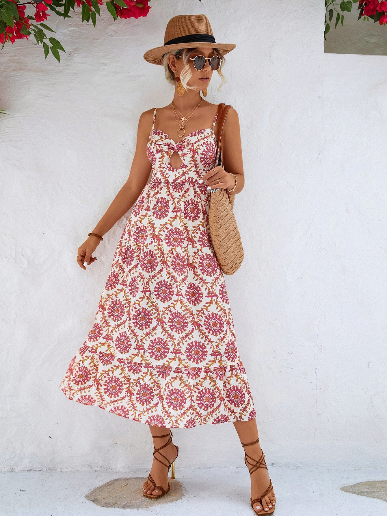 Light Gray Printed Cutout Spaghetti  Midi Dress