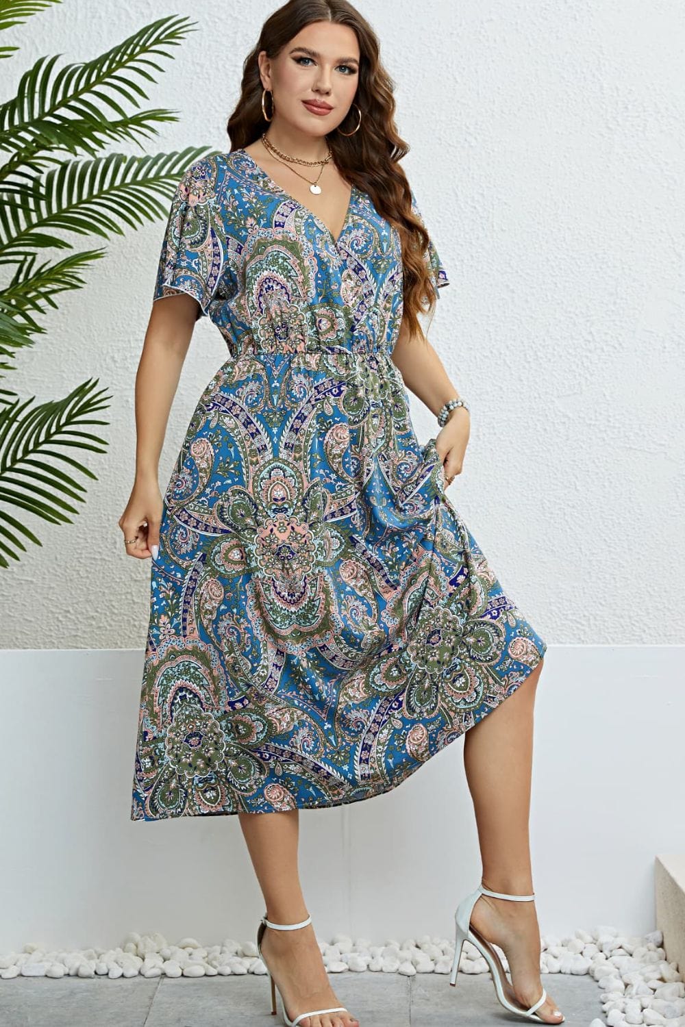 Light Gray Printed Flutter Sleeve Midi Dress