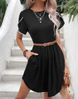 Black Round Neck Petal Sleeve Dress with Pockets