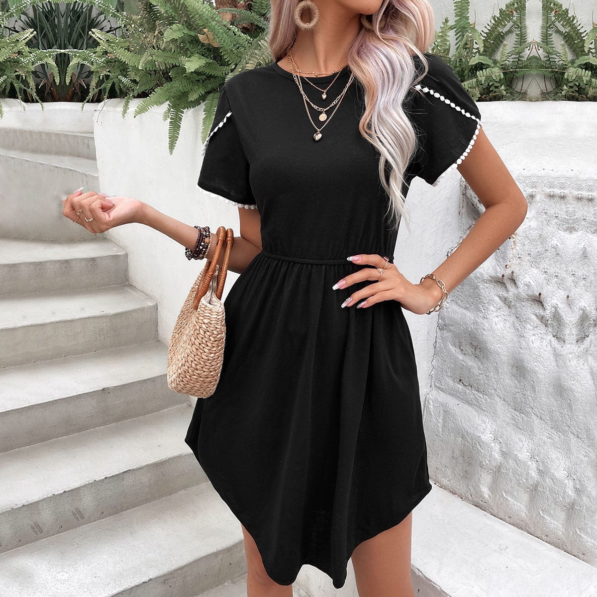 Gray Round Neck Petal Sleeve Dress with Pockets