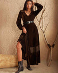 Rosy Brown Ruffled V-Neck Long Sleeve Dress