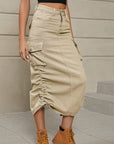 Rosy Brown Drawstring Ruched Slit Denim Midi Skirt