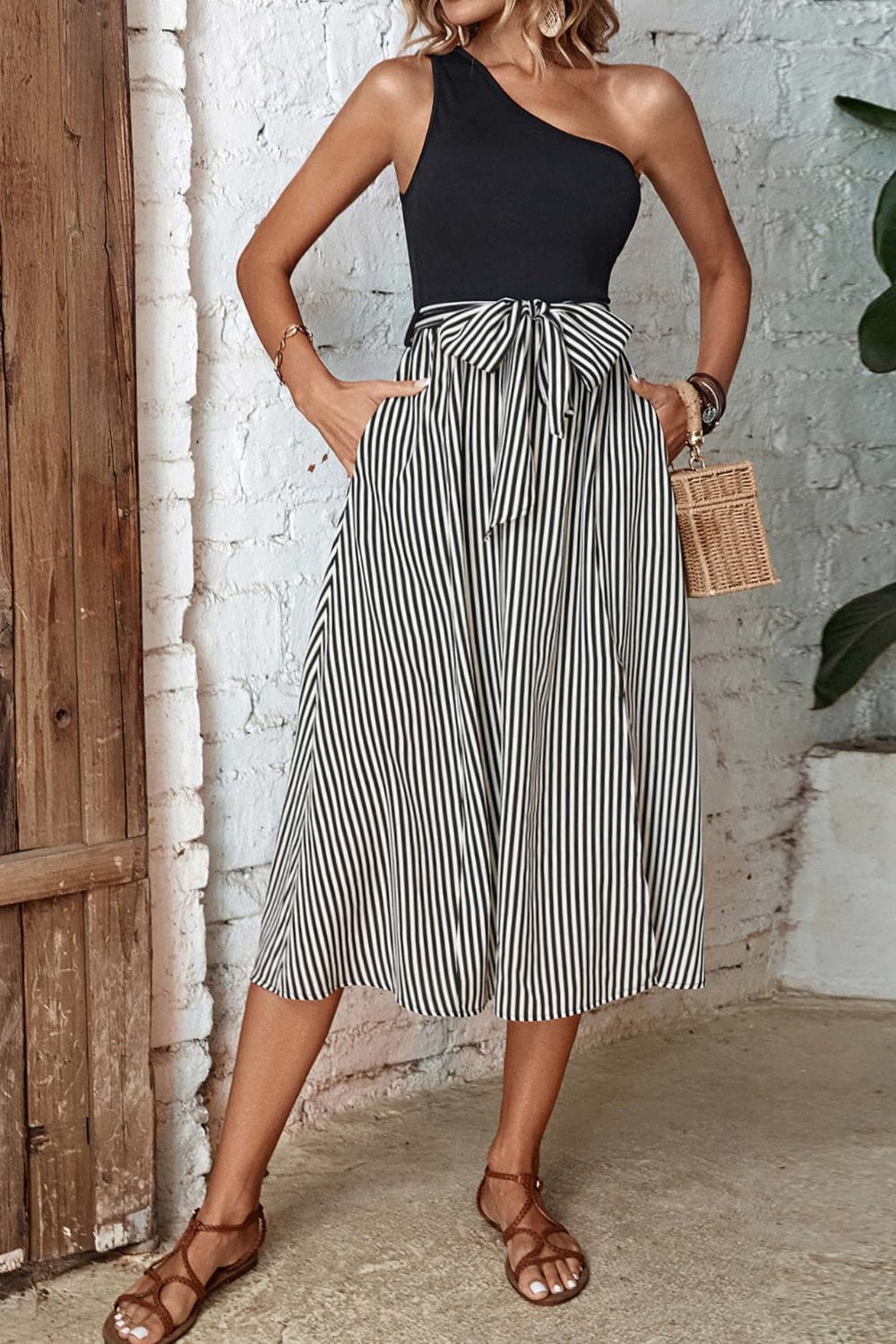 Dim Gray Striped One-Shoulder Slit Dress