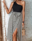 Dark Gray Striped One-Shoulder Slit Dress