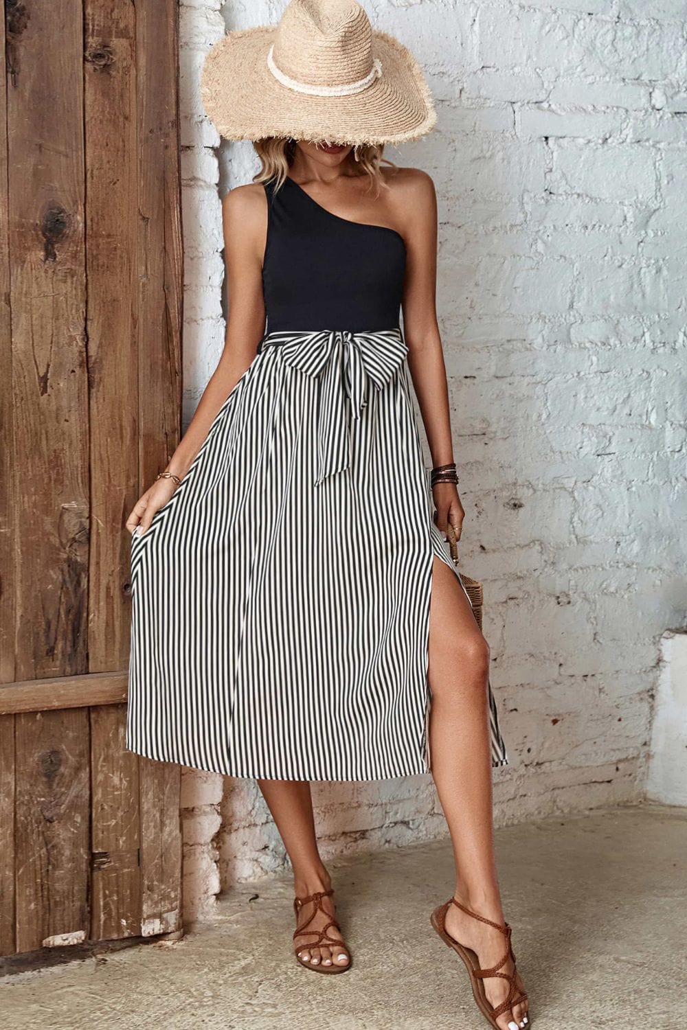 Rosy Brown Striped One-Shoulder Slit Dress