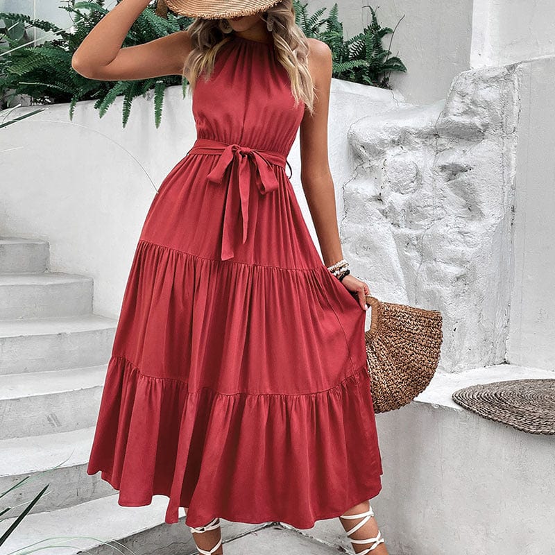 Gray Tie Belt Tiered Midi Dress