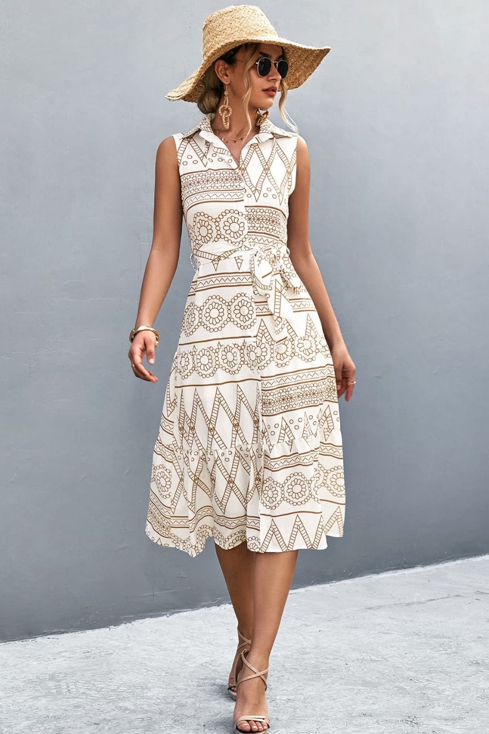 Gray Printed Button Front Tie-Waist Sleeveless Collared Dress