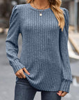 Dim Gray Ribbed Round Neck Long Sleeve Knit Top