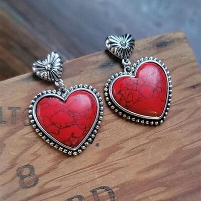 Dim Gray Artificial Turquoise Alloy Heart Dangle Earrings