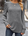 Dim Gray Ribbed Round Neck Long Sleeve Knit Top