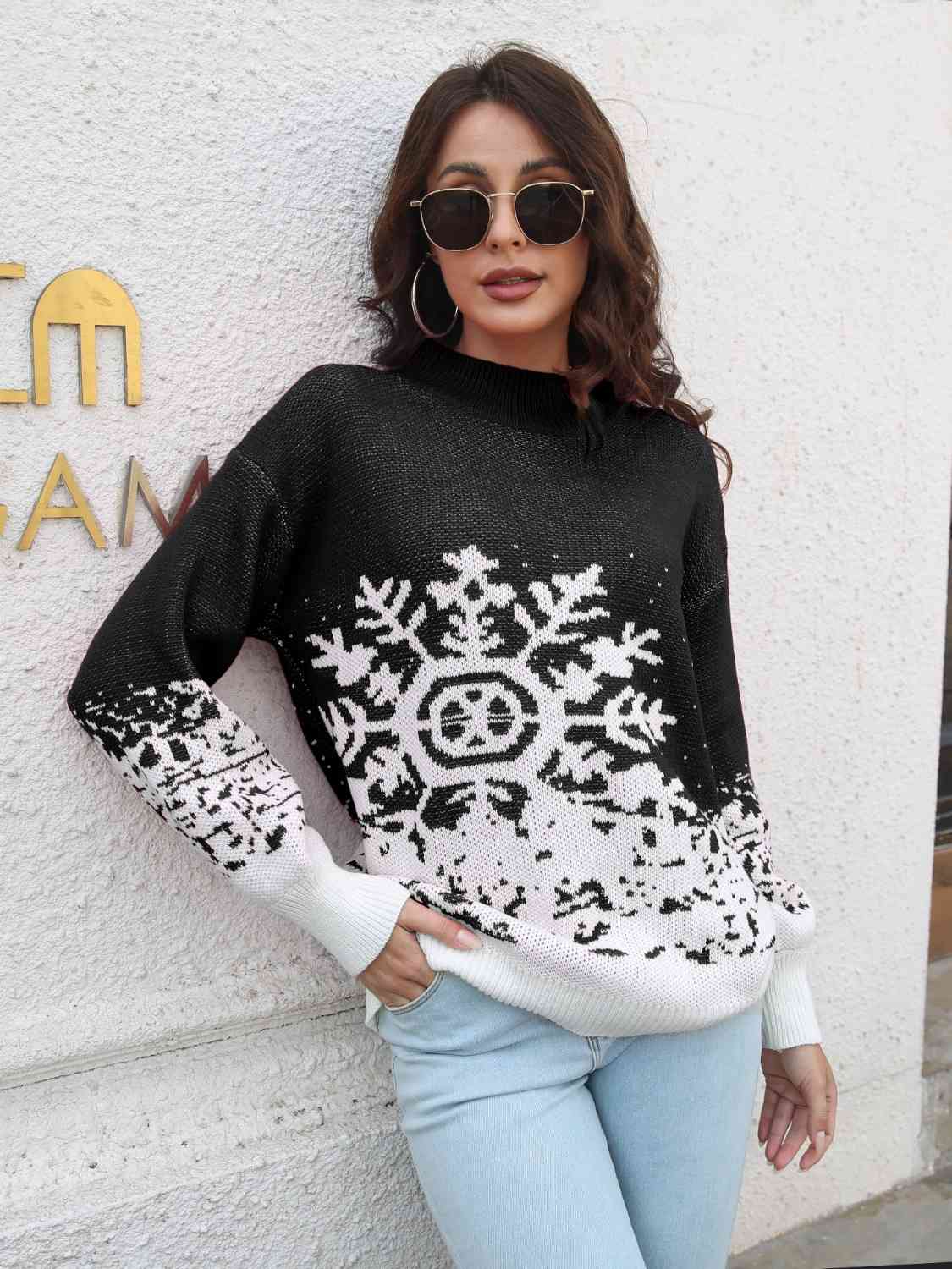 Light Gray Snowflake Pattern Mock Neck Sweater