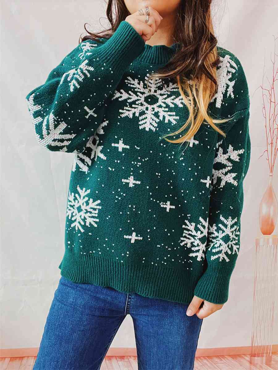 Light Gray Snowflake Pattern Dropped Shoulder Sweater