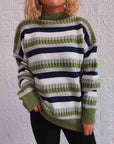 Dark Gray Striped Drop Shoulder Round Neck Sweater