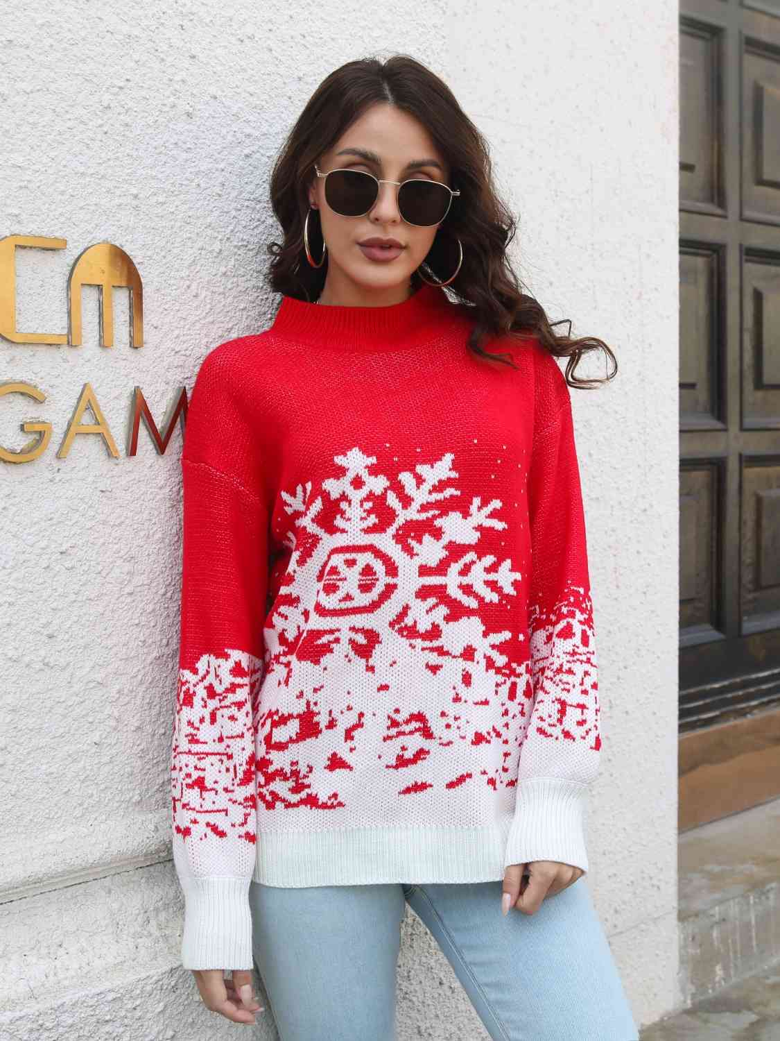 Light Gray Snowflake Pattern Mock Neck Sweater