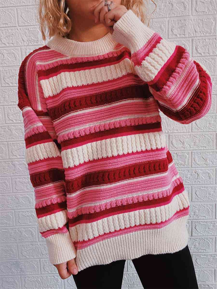 Gray Striped Drop Shoulder Round Neck Sweater