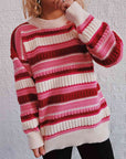 Gray Striped Drop Shoulder Round Neck Sweater