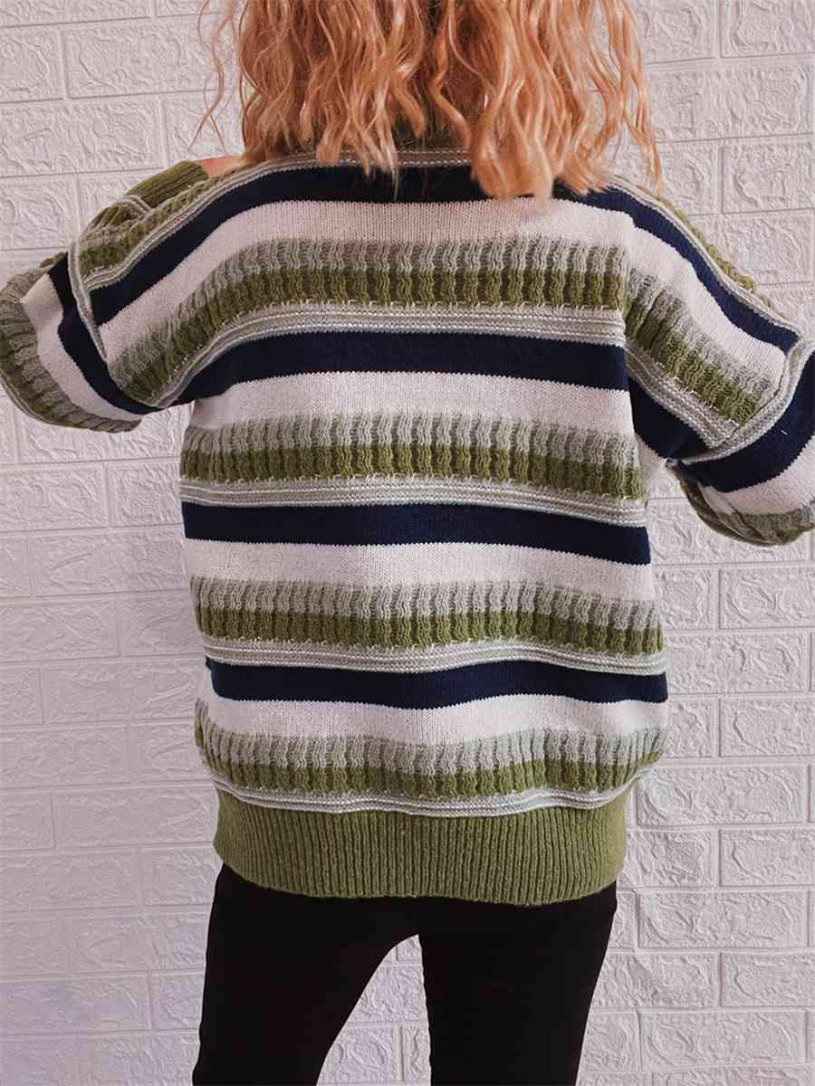 Dark Gray Striped Drop Shoulder Round Neck Sweater