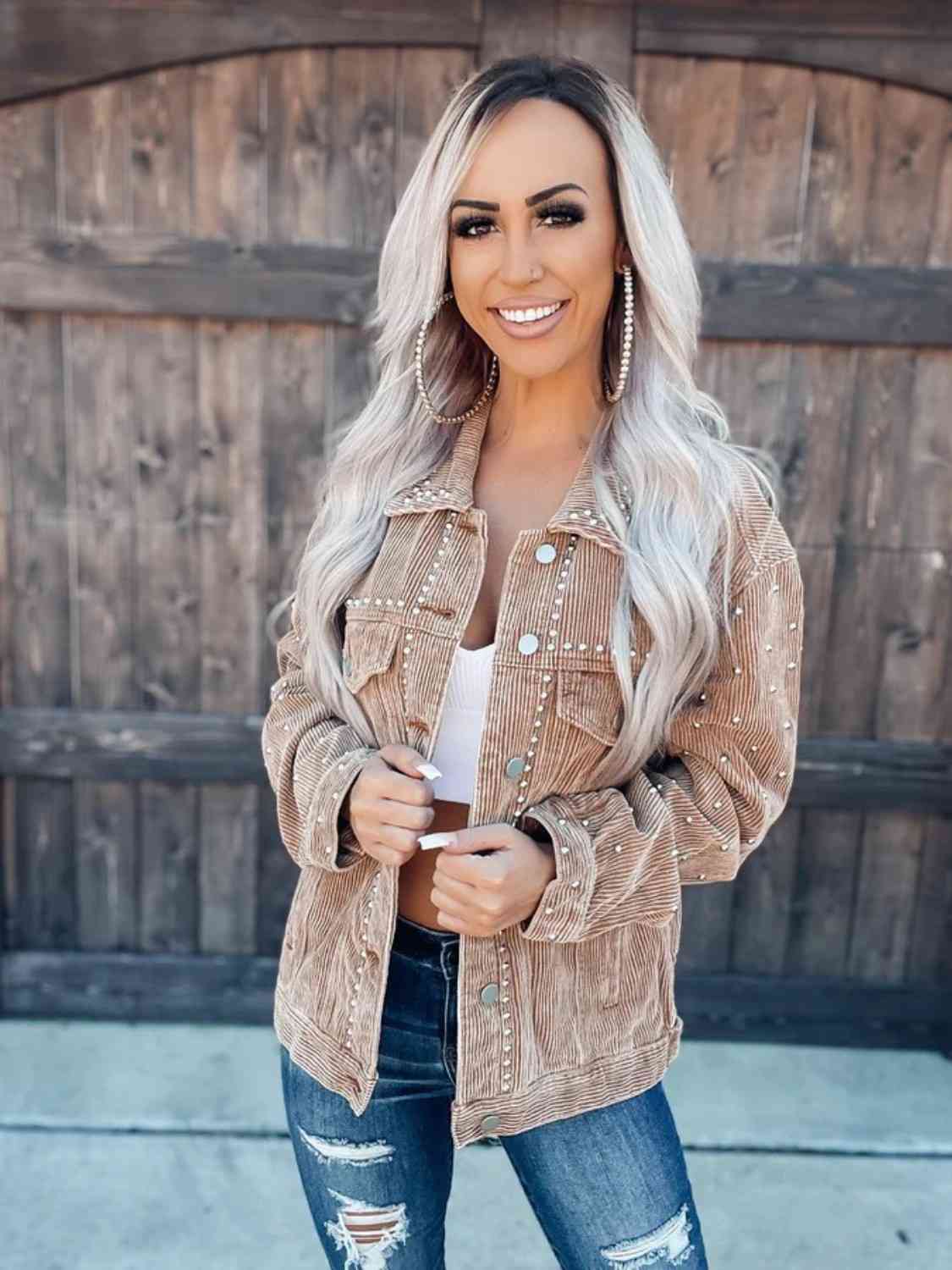 Slate Gray Studded Collared Neck Button Down Jacket