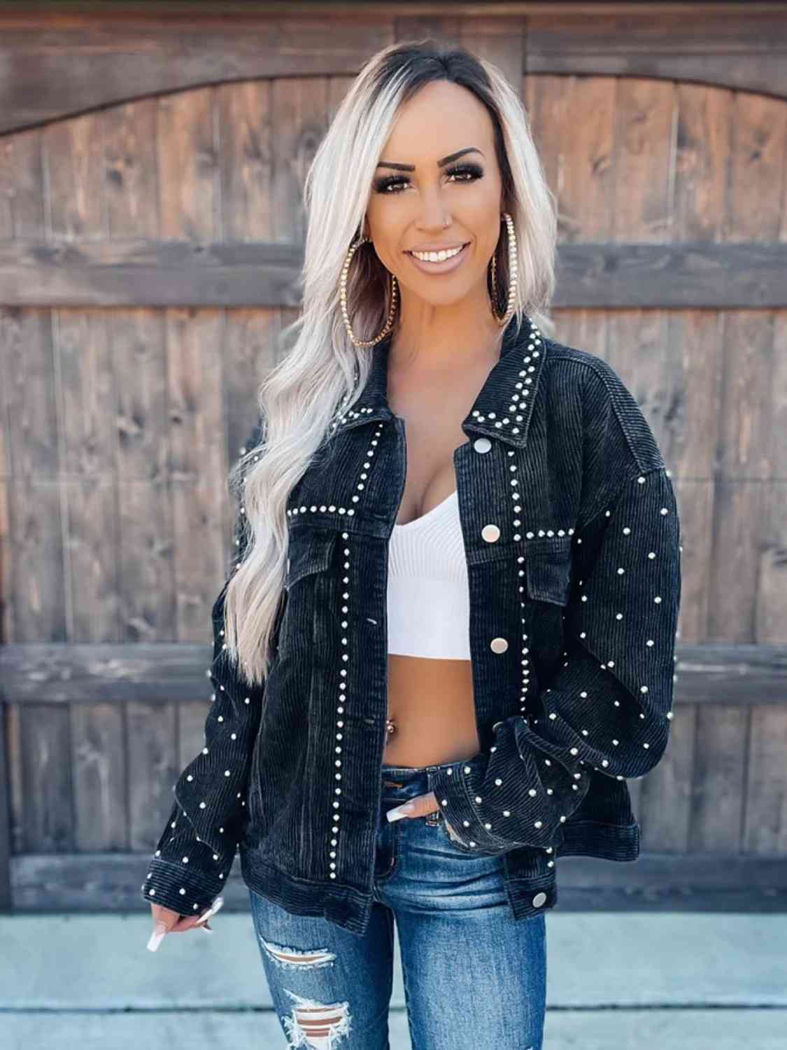 Dim Gray Studded Collared Neck Button Down Jacket