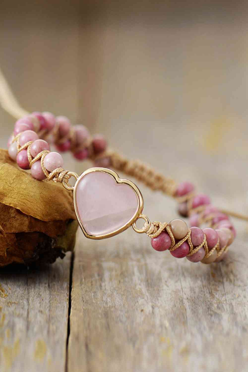 Rosy Brown Rose Quartz Heart Beaded Bracelet