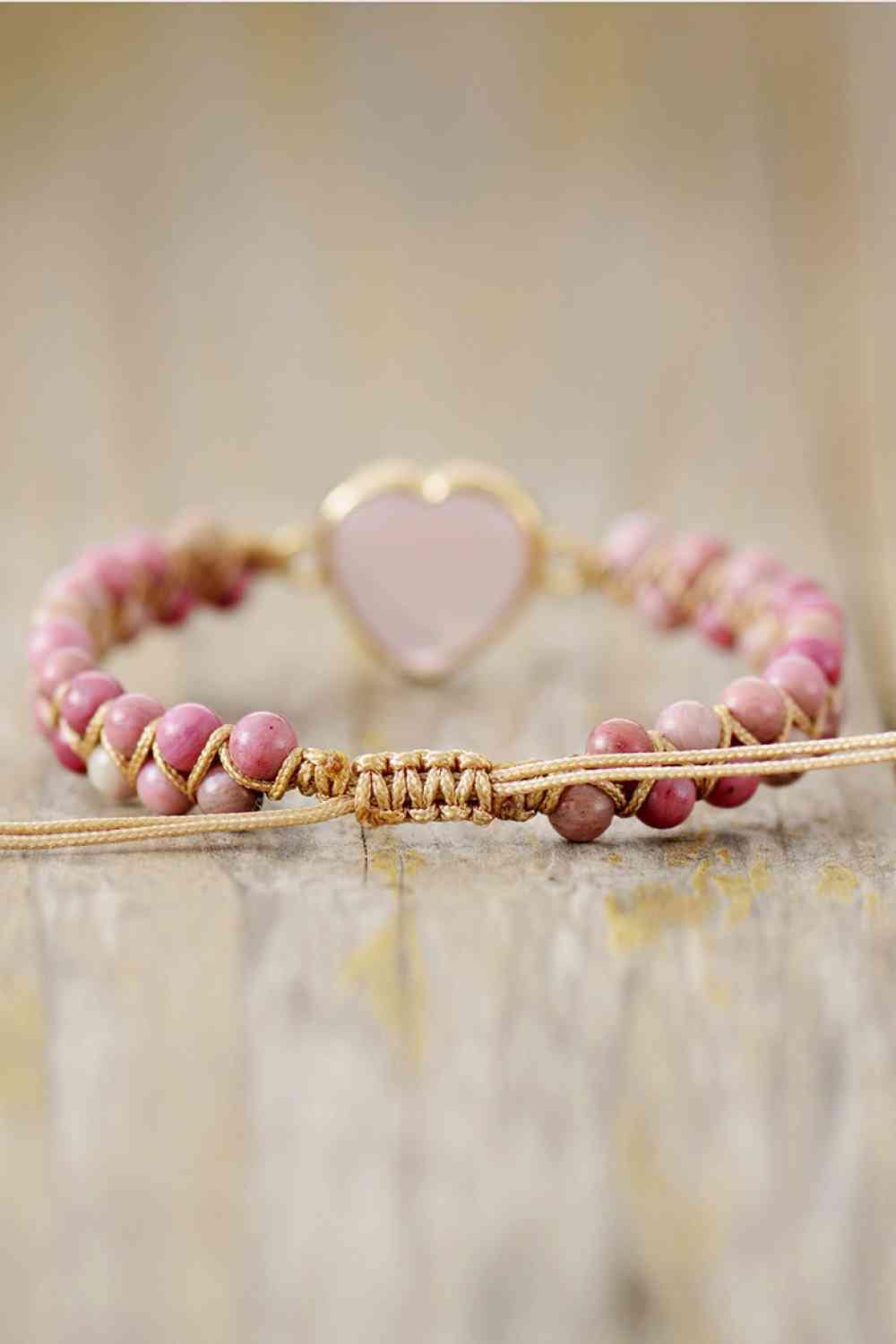 Tan Rose Quartz Heart Beaded Bracelet