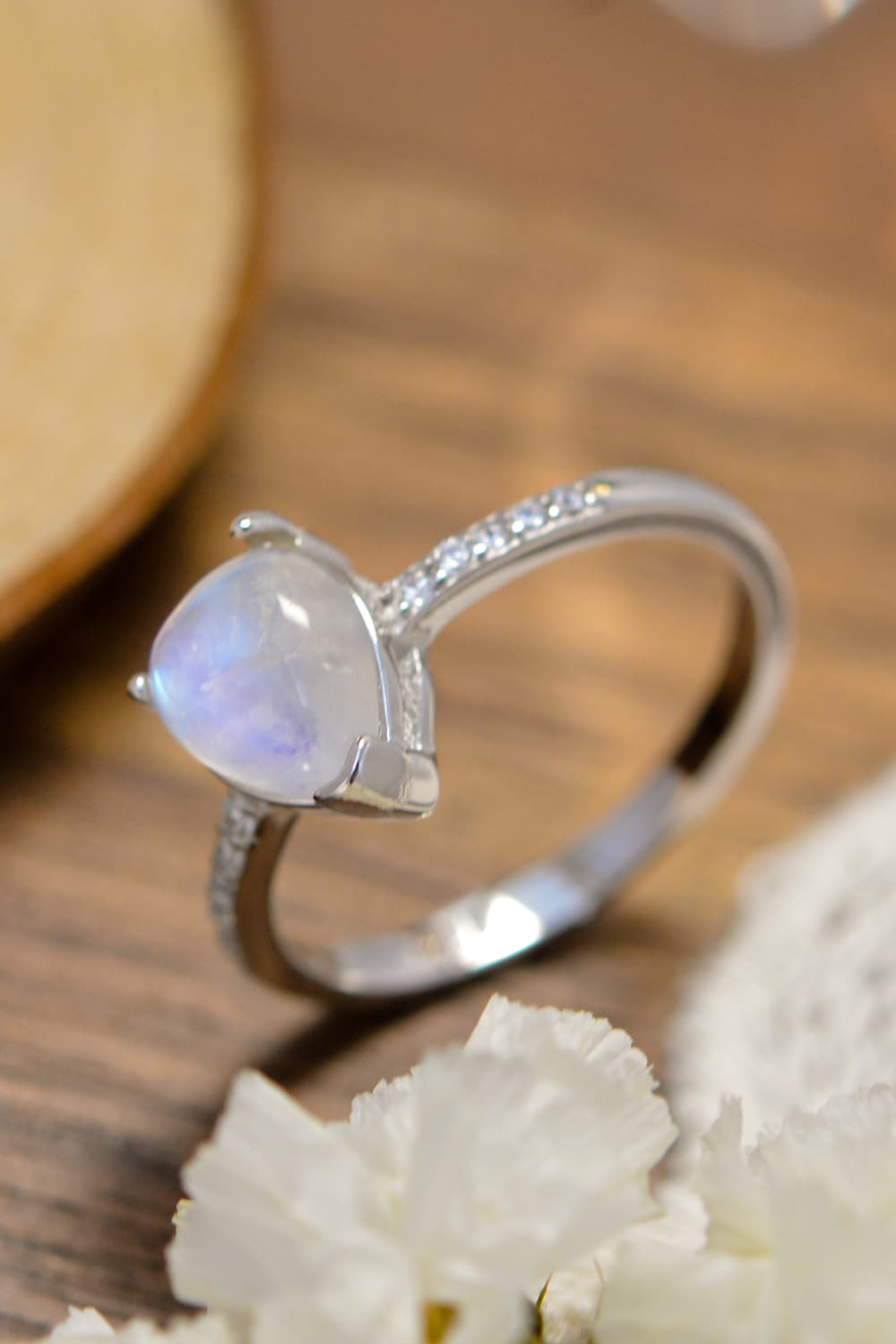 Rosy Brown High Quality Natural Moonstone Teardrop Side Stone Ring