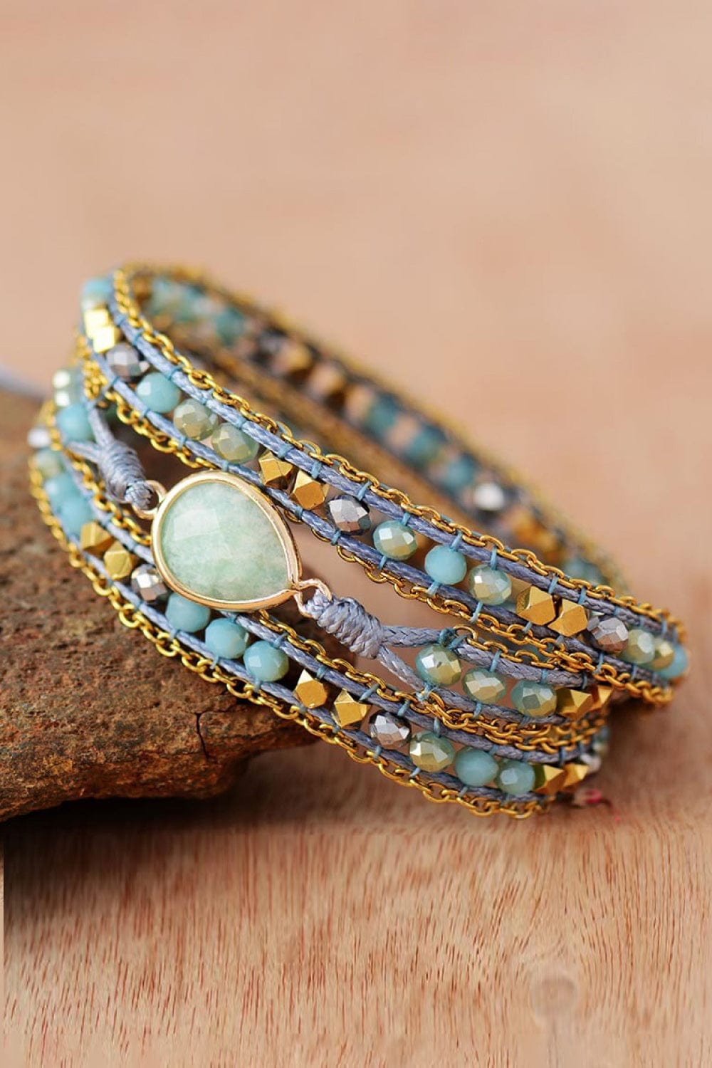 Tan Handmade Teardrop Shape Triple Layer Beaded Bracelet