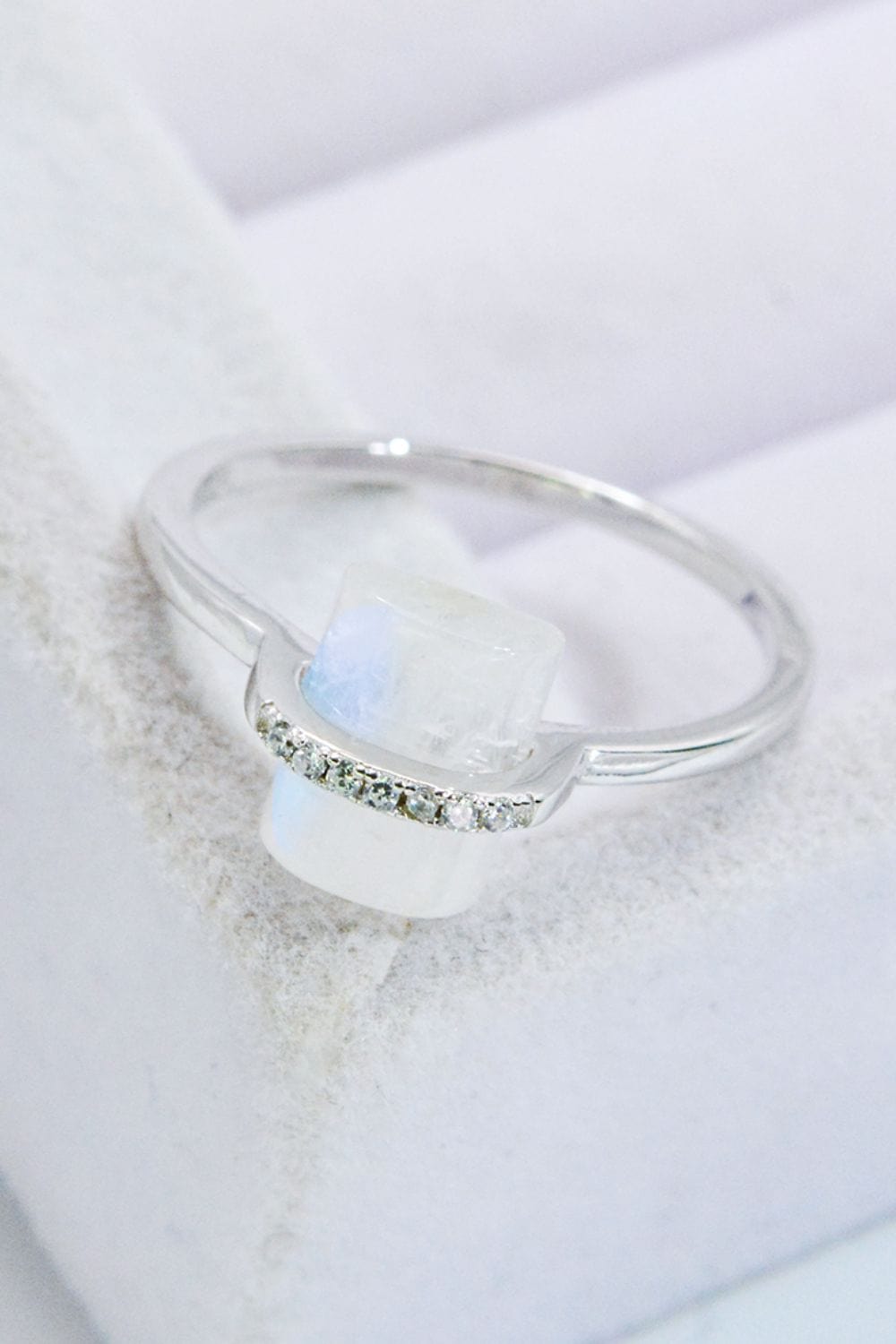 Light Gray Natural Moonstone Platinum-Plated Ring