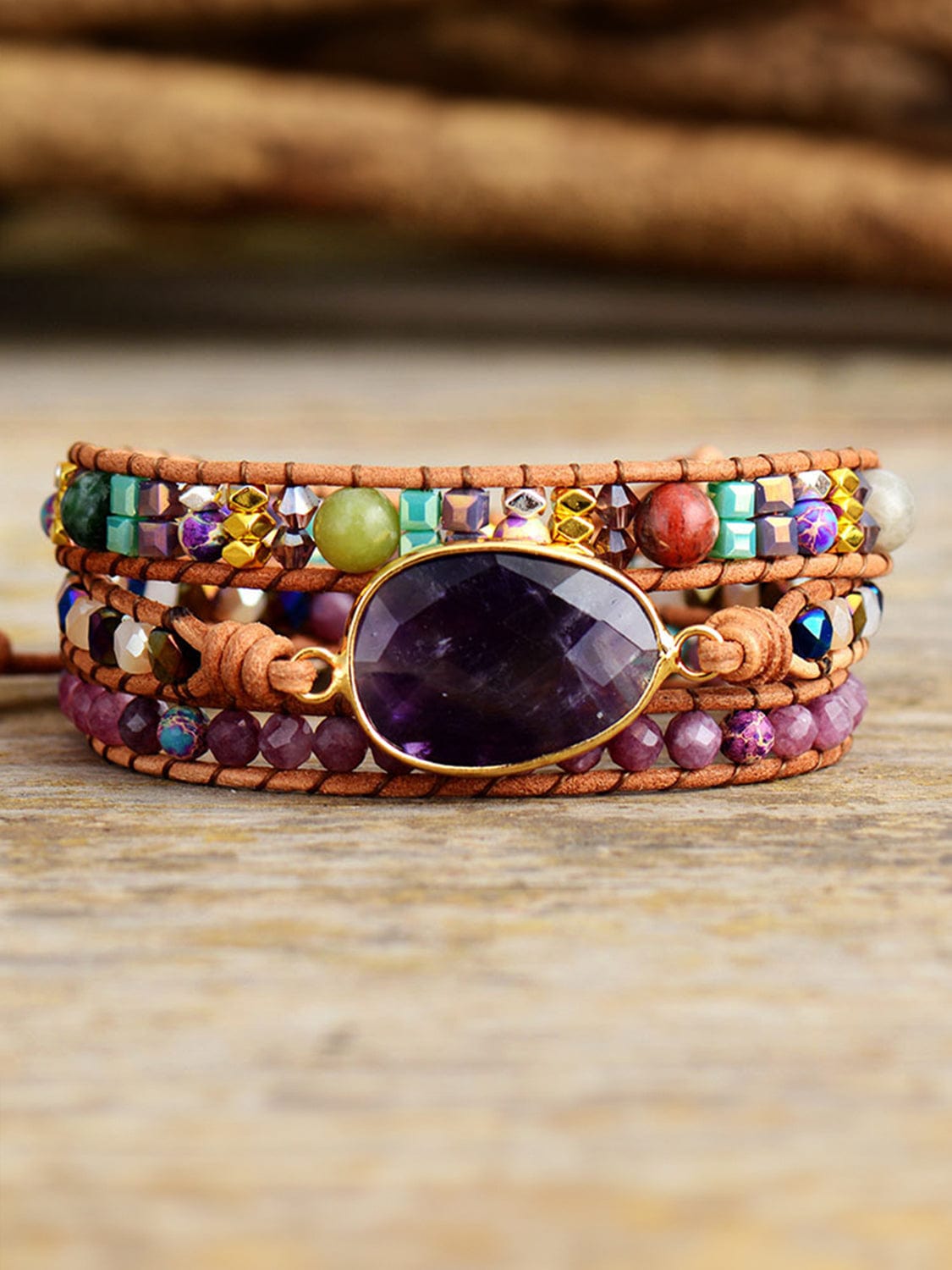 Tan Triple-Layer Amethyst Bracelet