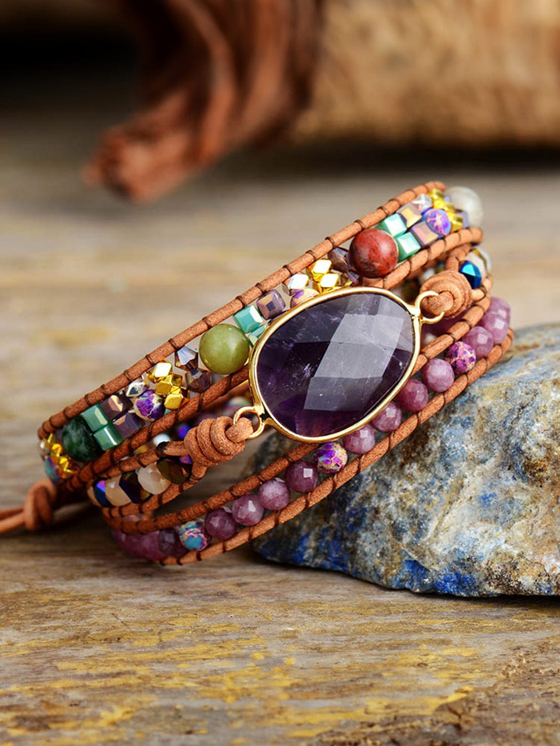 Rosy Brown Triple-Layer Amethyst Bracelet