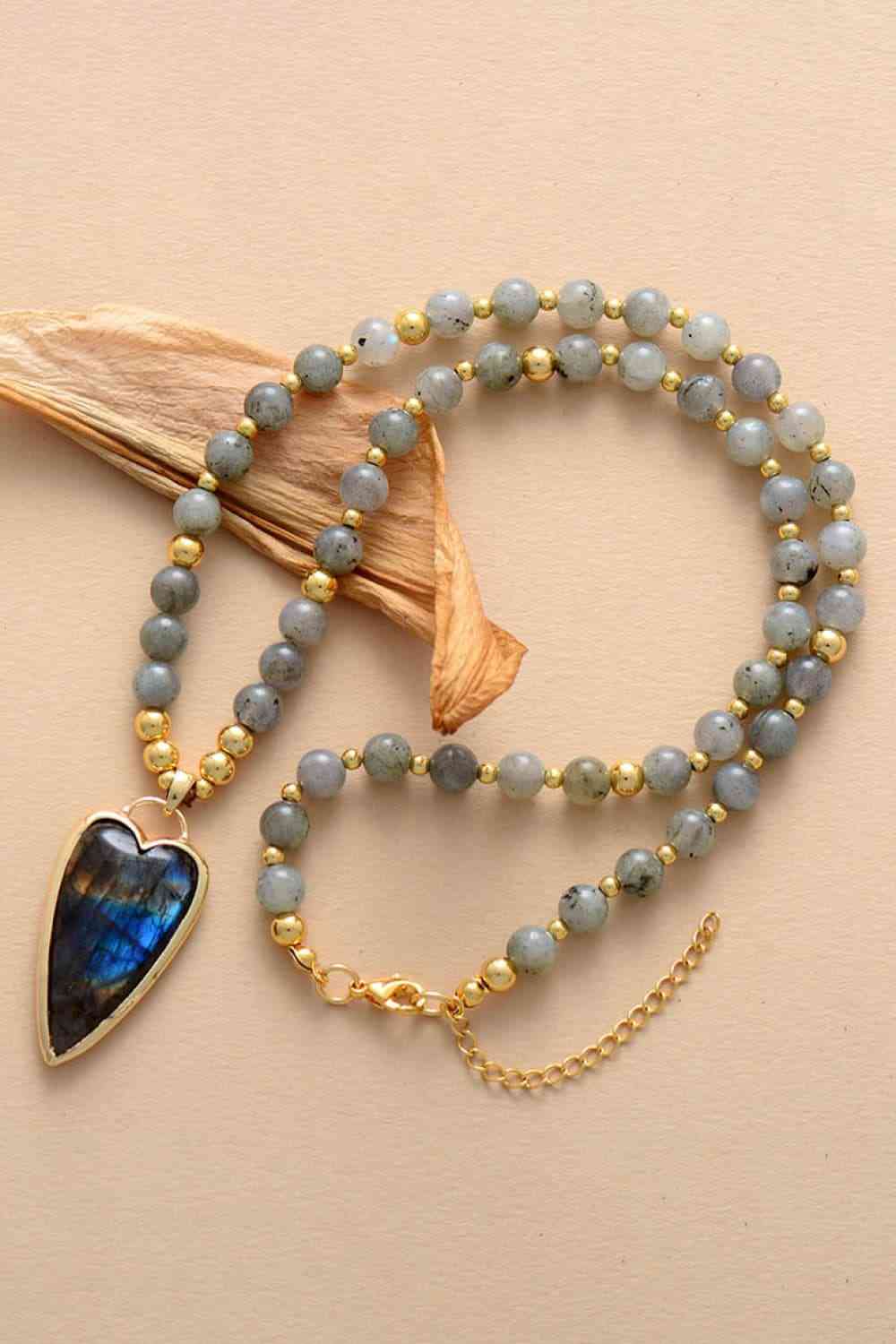 Tan Natural Stone Pendant Beaded Necklace