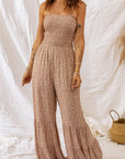 Light Gray Floral Spaghetti Strap Smocked Wide Leg Jumpsuit