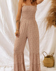 Light Gray Floral Spaghetti Strap Smocked Wide Leg Jumpsuit