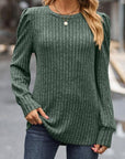 Dark Slate Gray Ribbed Round Neck Long Sleeve Knit Top