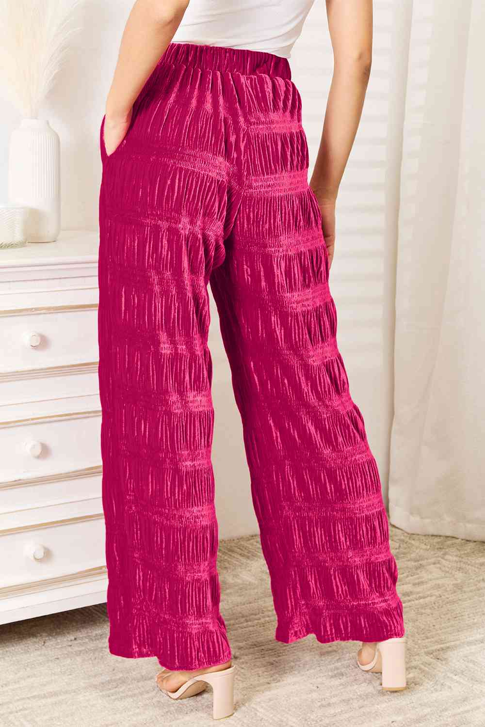 Maroon Double Take Full Size High Waist Tiered Shirring Velvet Wide Leg Pants