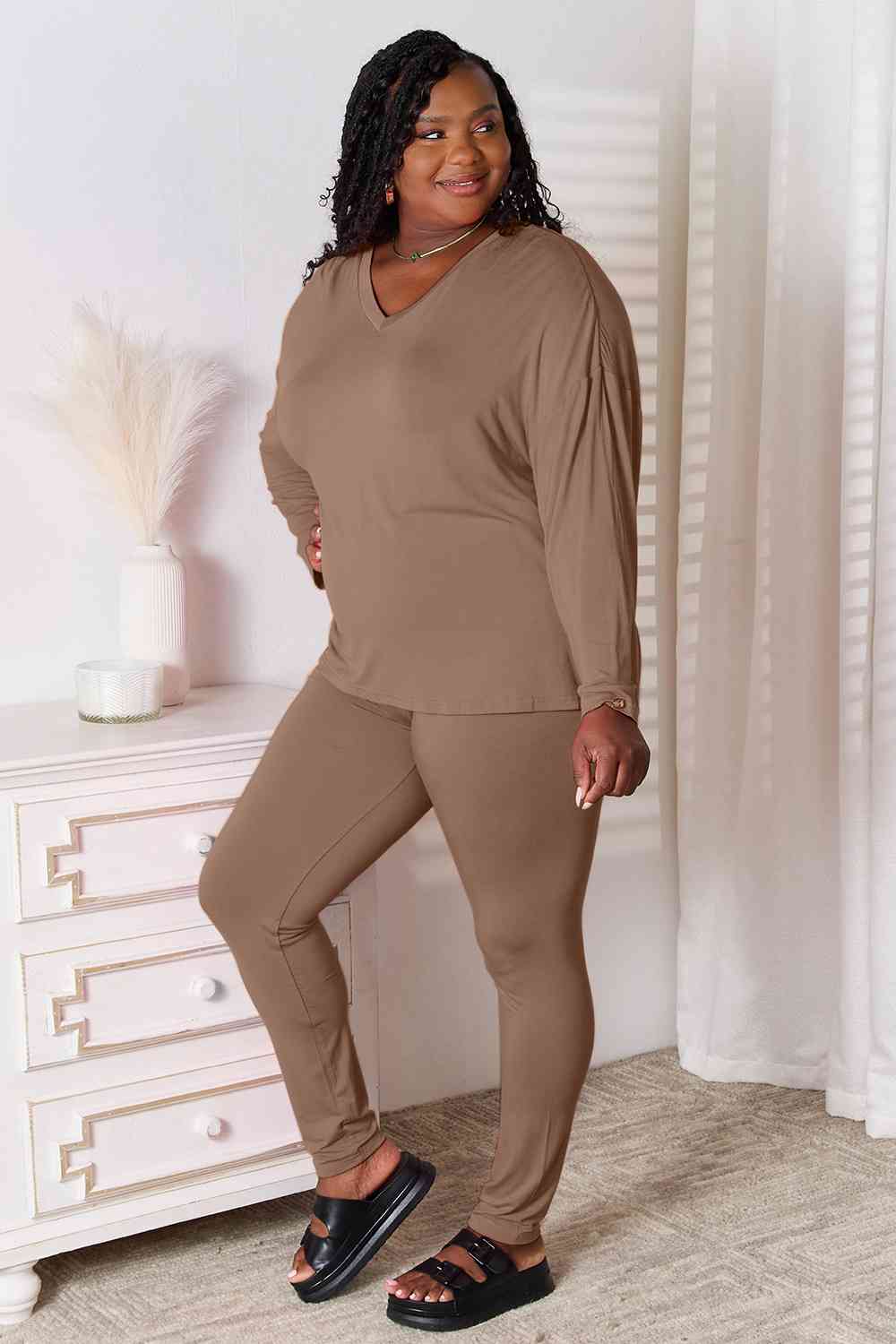 Gray Basic Bae Full Size V-Neck Soft Rayon Long Sleeve Top and Pants Lounge Set