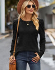 Dark Slate Gray Ribbed Round Neck Long Sleeve Knit Top