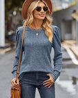 Dim Gray Ribbed Round Neck Long Sleeve Knit Top