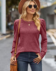 Dim Gray Ribbed Round Neck Long Sleeve Knit Top