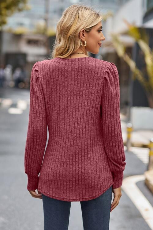 Dim Gray Ribbed Round Neck Long Sleeve Knit Top