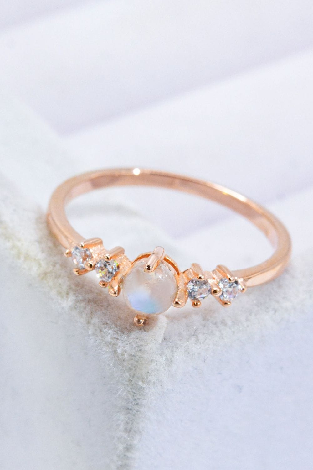 Light Gray Natural Moonstone and Zircon 18K Rose Gold-Plated Ring