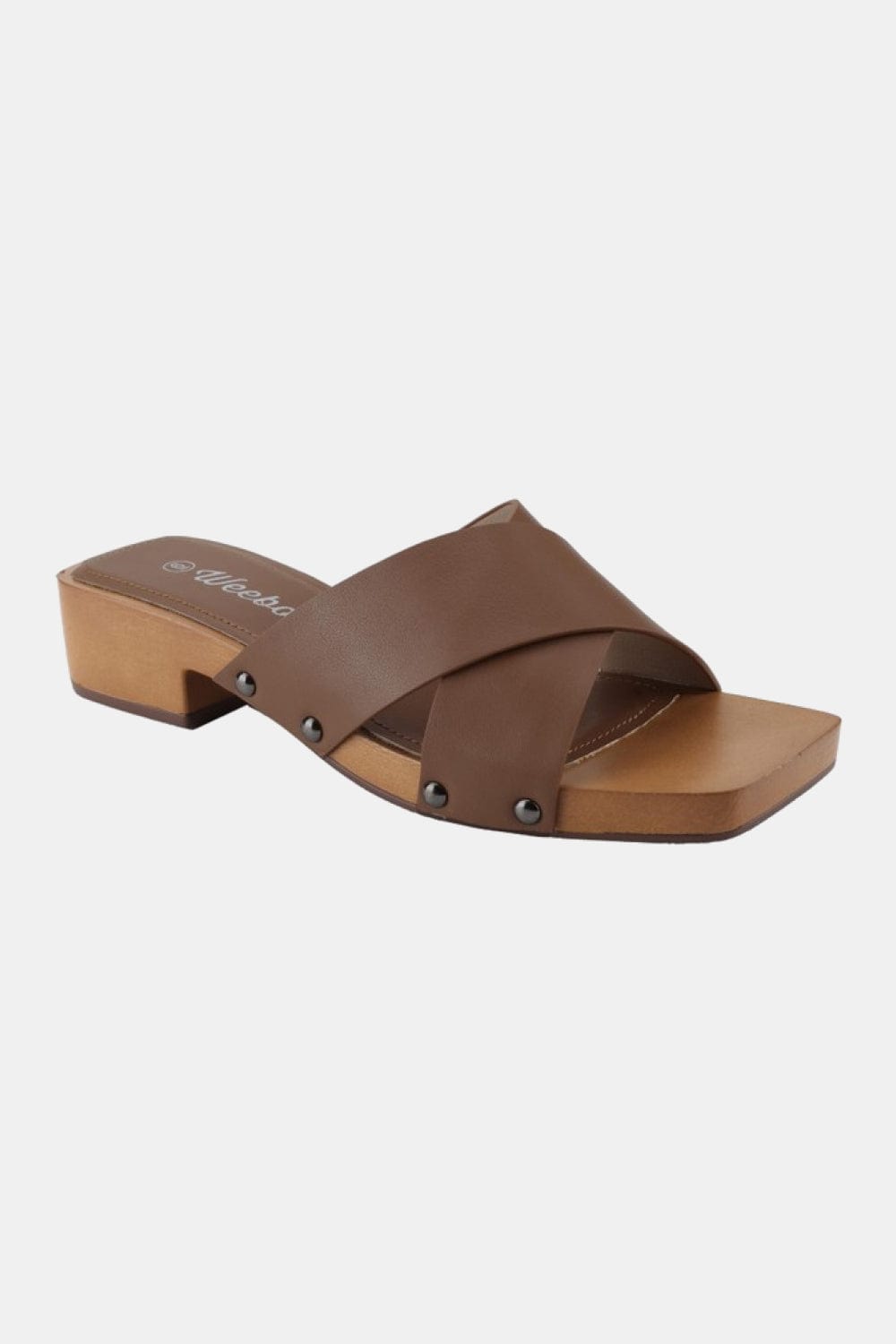 White Smoke Weeboo Step Into Summer Criss Cross Wooden Clog Mule in Brown