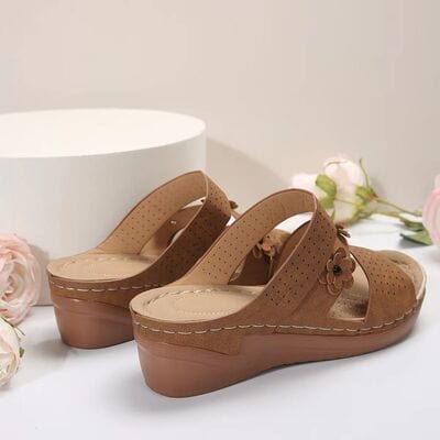 Light Gray Flower PU Leather Wedge Sandals