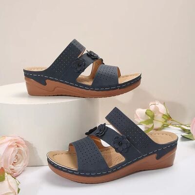 Light Gray Flower PU Leather Wedge Sandals